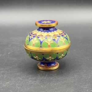 Brass Cloisonne Urn Vase Dish Compote with Lid Floral Design 2" Small Green Gold